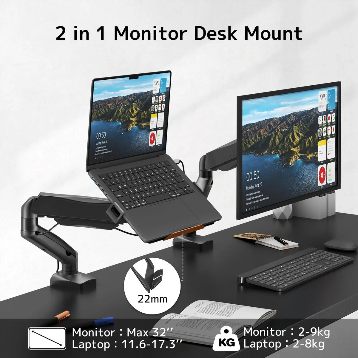 Soporte sobremesa 2 en 1 para portátil 11,6-17,3'' y monitor 17-32'', hasta 9 KG, VESA 75/100 mm PUTORSEN
