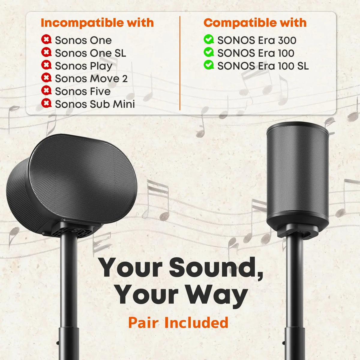 Speaker Stands for Sonos Era 100, 100 SL & Era 300, 2-Pack Wood Base Black Wood Base, Easy Assembly, Cable Management, 29.1–39'' Height Adjustable, 11lbs Max Load Per Stand PUTORSEN
