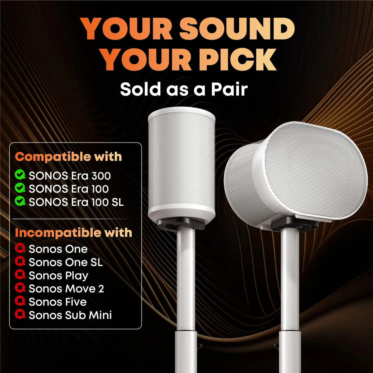 Speaker Stands for Sonos Era 100,100 SL & Era 300, Hidden Cable, 2 Pack Sturdy, Easy Assembly, 29.1–39'' Adjustable Height, Dual Base Mount, 11lbs Max Per Stand, White & Black PUTORSEN