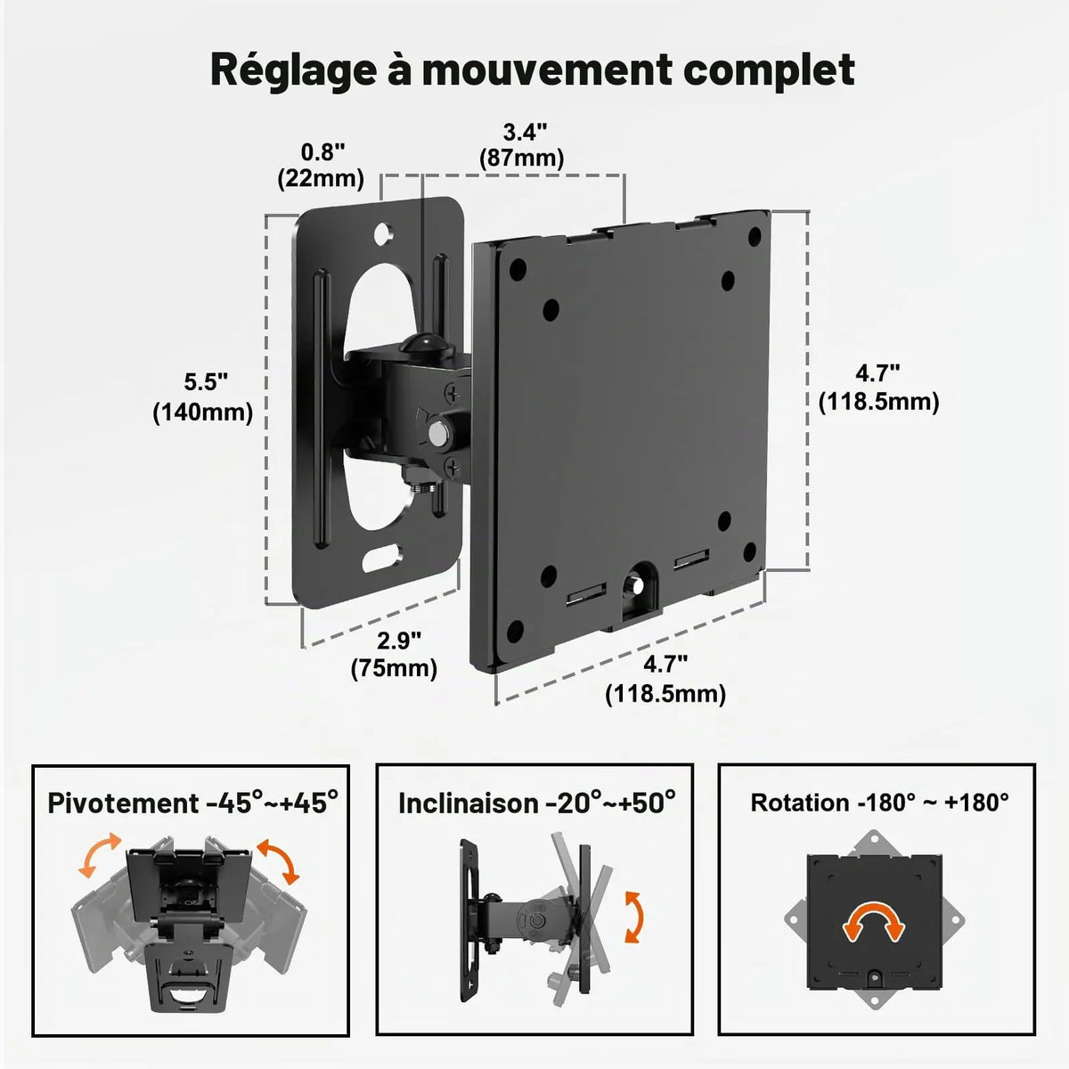 Support Mural pour Écran PC 17–49 Pouces, Charge maximale 20KG Support Écran Mural à Mouvement Complet, Plaque VESA à Dégagement Rapide, VESA 75x75/100x100mm PUTORSEN