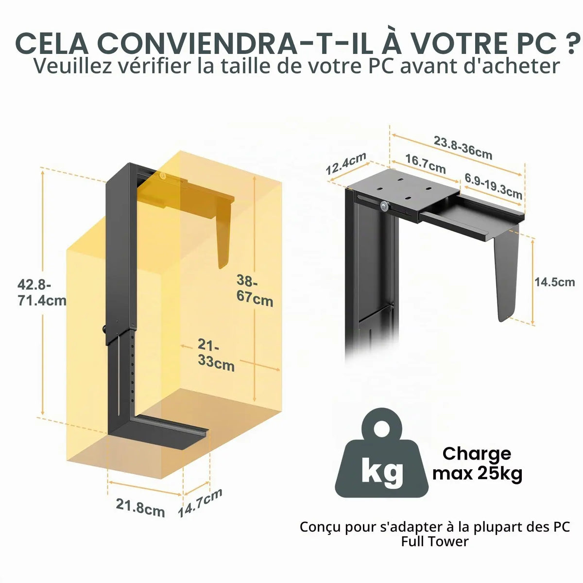 Support PC sous Bureau réglable hauteur et largeur, pour tour Mid/Full Tower, jusqu'à 25 kg, Noir PUTORSEN
