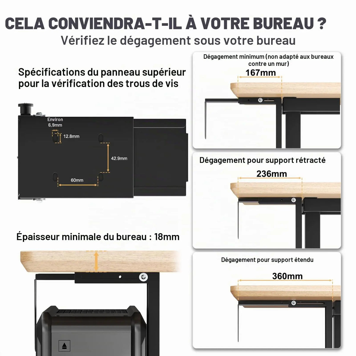 Support PC sous Bureau réglable hauteur et largeur, pour tour Mid/Full Tower, jusqu'à 25 kg, Noir PUTORSEN