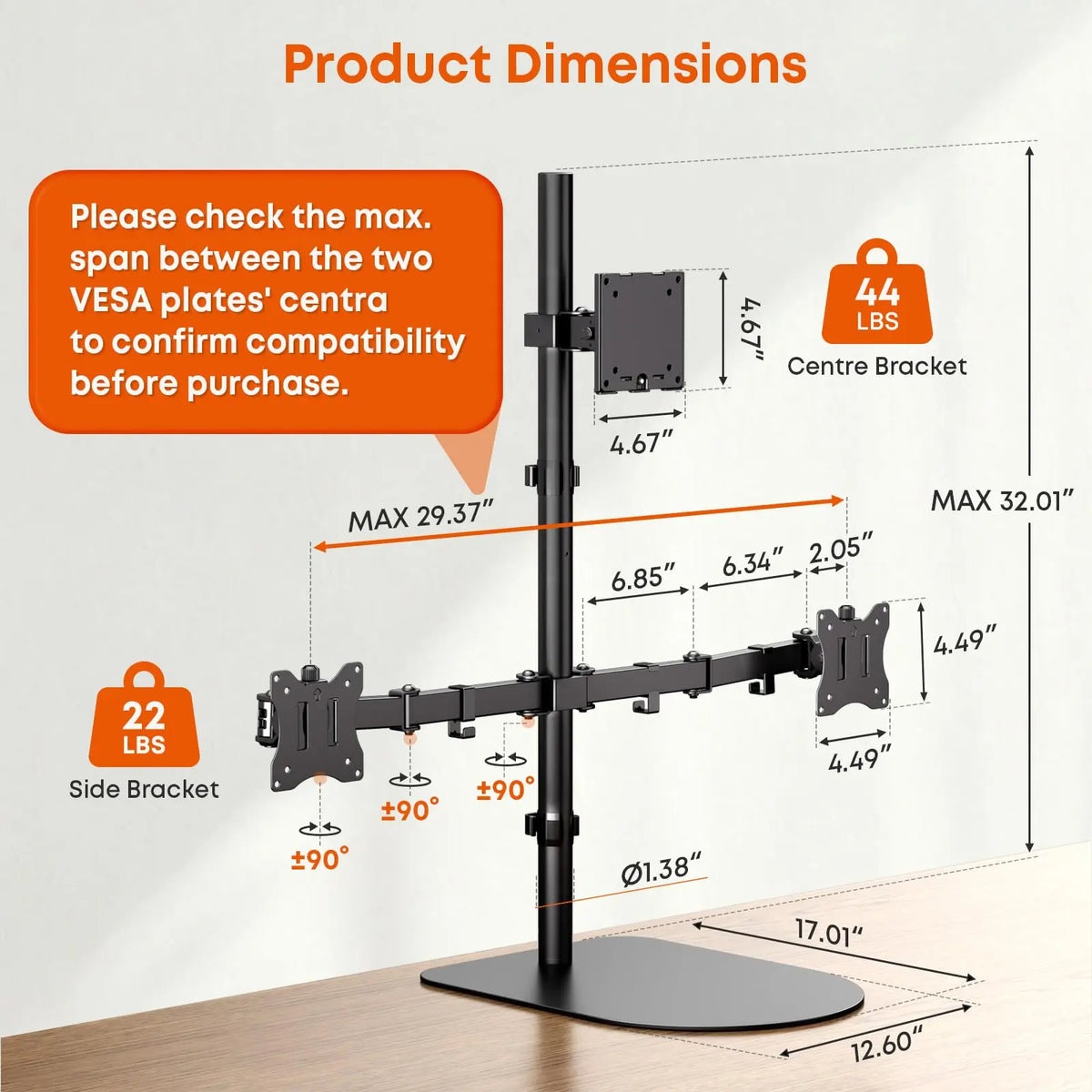 Support Triple Écran pour 49/32 Pouces, VESA 75x75/100x100 mm, charge 20 kg Base lestée stable, sans serrage. Écran central 49" jusqu'à 20 kg, écrans latéraux 32" jusqu'à 10 kg. Acier renforcé, réglages complets, montage facile PUTORSEN