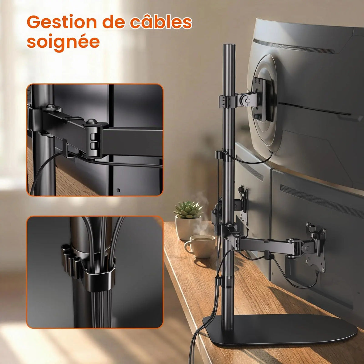 Support Triple Écran pour 49/32 Pouces, VESA 75x75/100x100 mm, charge 20 kg Base lestée stable, sans serrage. Écran central 49" jusqu'à 20 kg, écrans latéraux 32" jusqu'à 10 kg. Acier renforcé, réglages complets, montage facile PUTORSEN