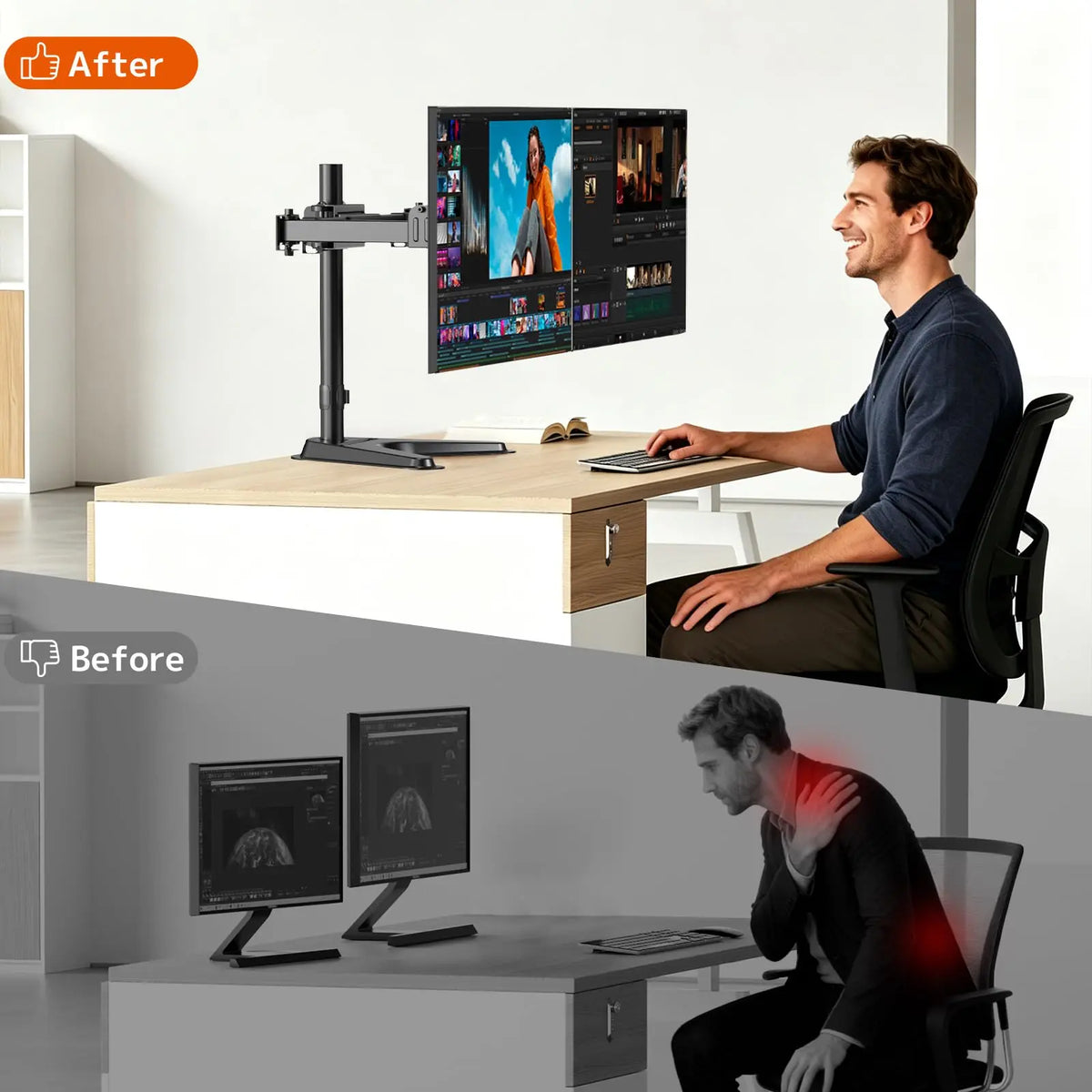 Support double écran 17–40", réglage fin 40 mm, 9 kg par bras, bras coulissant VESA avec socle autonome, VESA 75x75/100x100 mm PUTORSEN