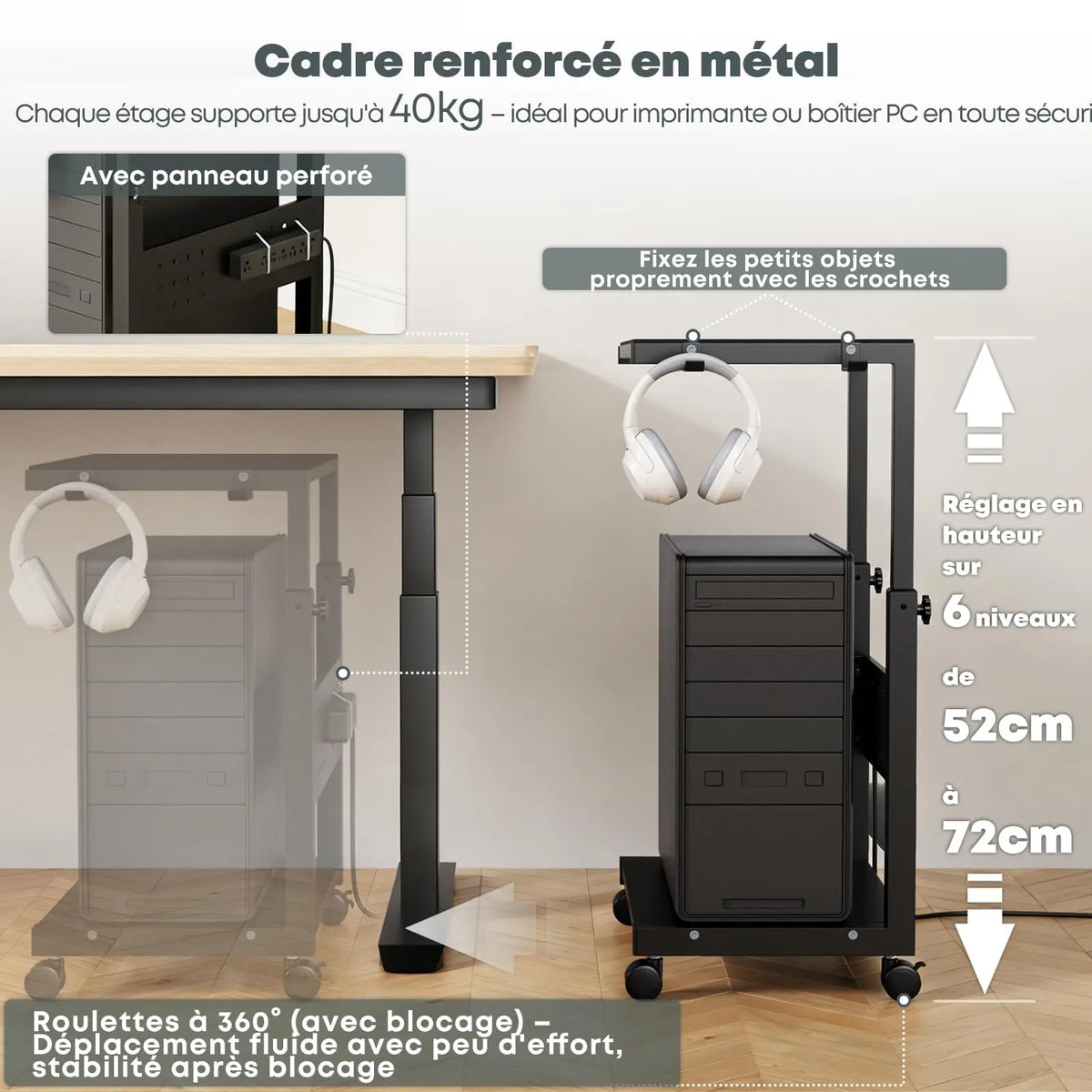 Support tour PC à roulettes, hauteur réglable 52–77cm (6 niveaux), 2 étages, charge max 40 kg/niveau, avec tapis de souris, gaming/bureau/maison, Noir PUTORSEN