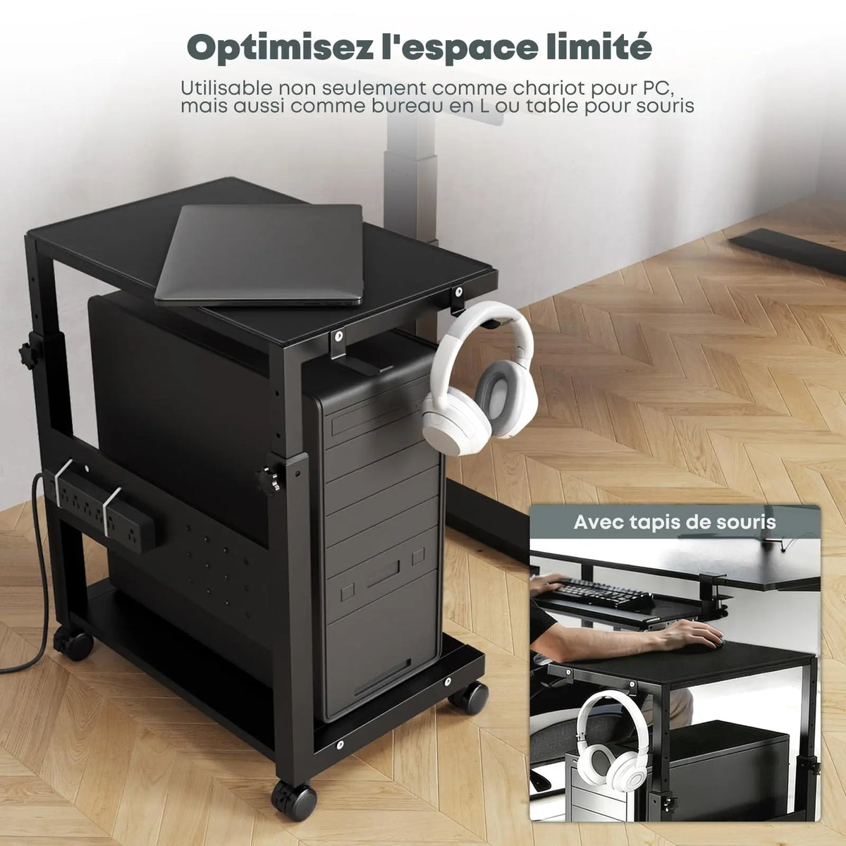 Support tour PC à roulettes, hauteur réglable 52–77cm (6 niveaux), 2 étages, charge max 40 kg/niveau, avec tapis de souris, gaming/bureau/maison, Noir PUTORSEN