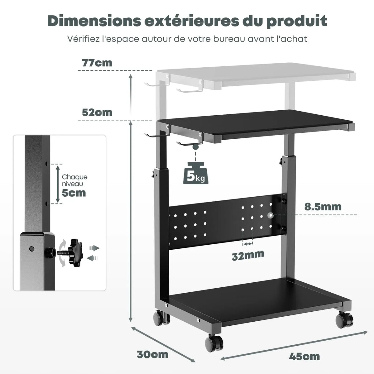 Support tour PC à roulettes, hauteur réglable 52–77cm (6 niveaux), 2 étages, charge max 40 kg/niveau, avec tapis de souris, gaming/bureau/maison, Noir PUTORSEN