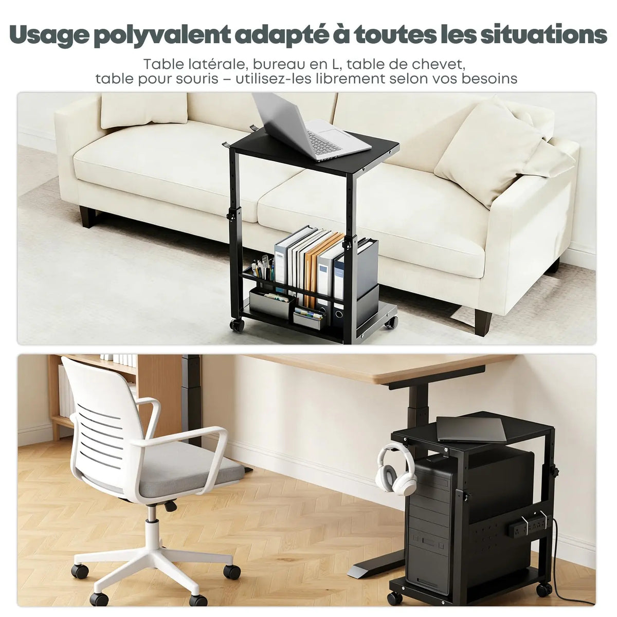 Support tour PC à roulettes, hauteur réglable 52–77cm (6 niveaux), 2 étages, charge max 40 kg/niveau, avec tapis de souris, gaming/bureau/maison, Noir PUTORSEN