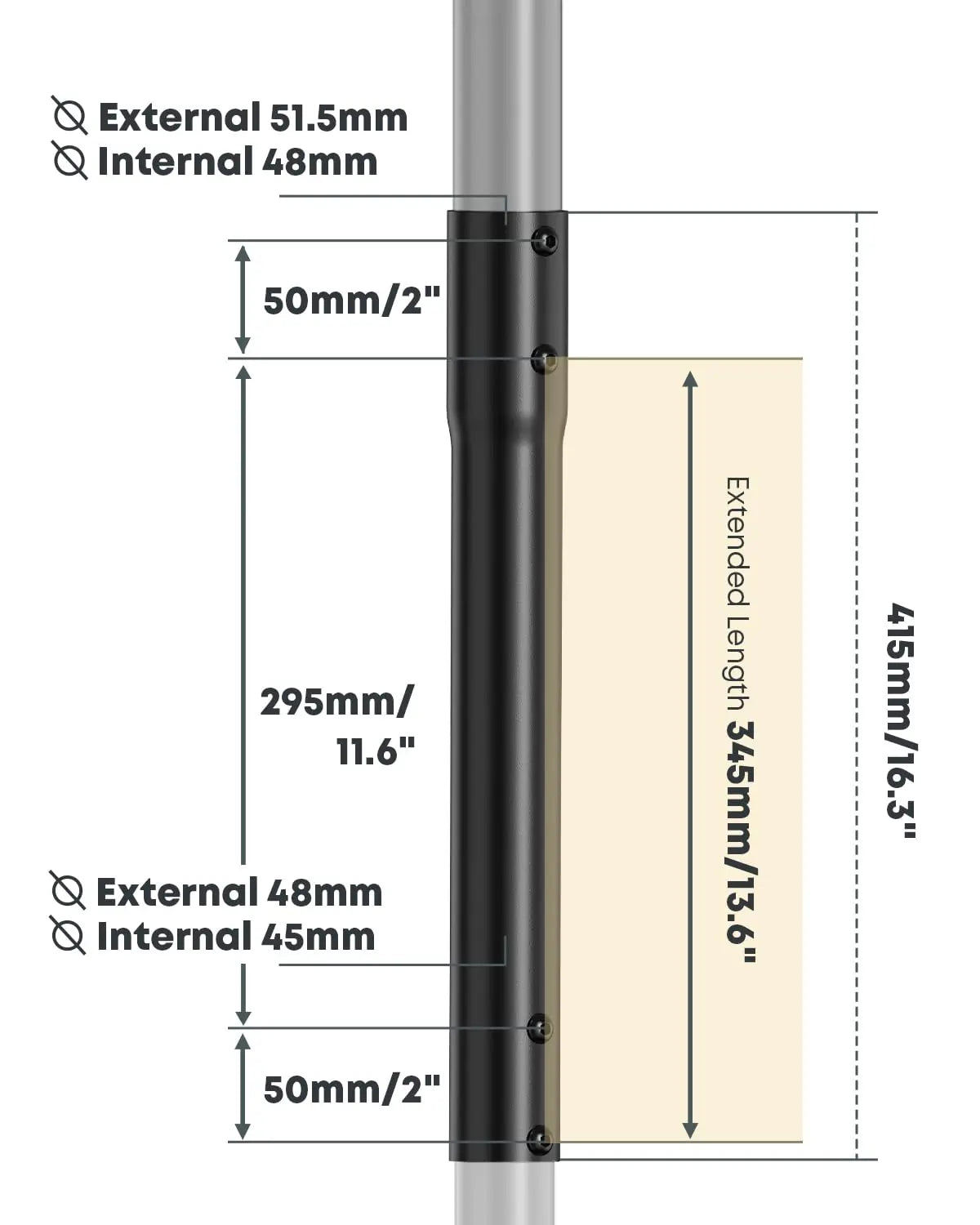 TV-Deckenhalterung Verlängerungsstange, 415 mm Passend für 43–86" & 50–100" TV-Deckenhalterungen, für zu kurze Tragarme PUTORSEN