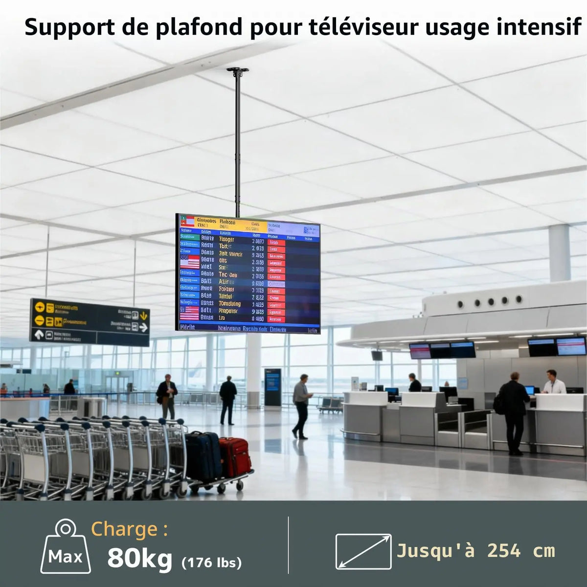 TV-Deckenhalterung für 50–100" Flach- & Curved-Fernseher, bis 80 kg 360° drehbar, neig- und schwenkbar, höhenverstellbar (1090–2100 mm), VESA 800x600, für OLED/4K-TVs, schwarz PUTORSEN