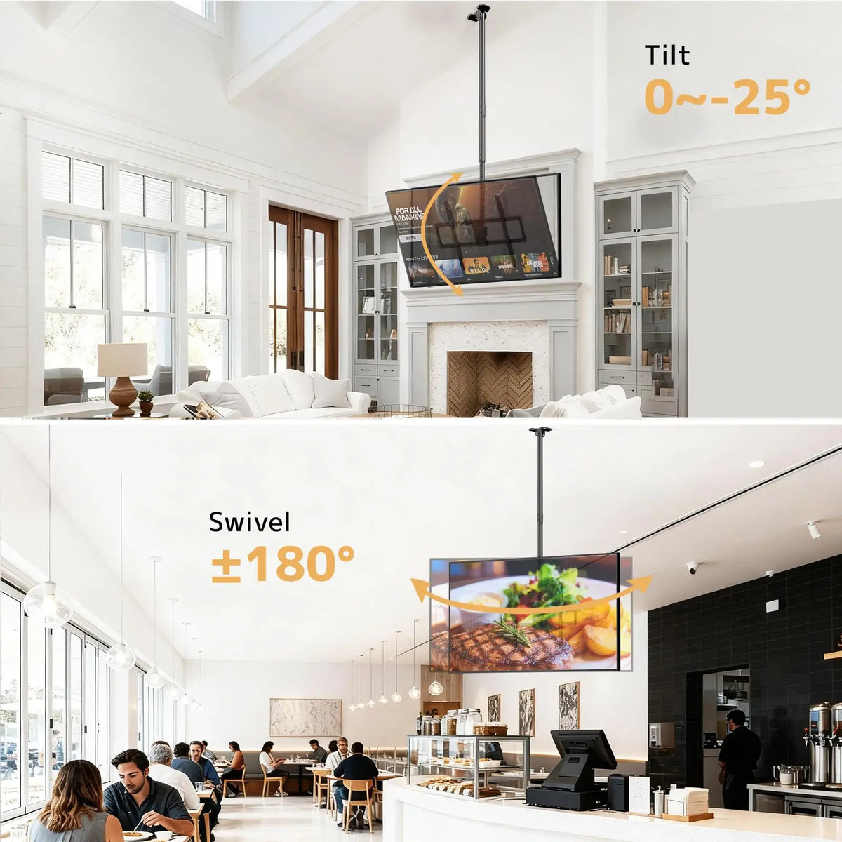TV-Deckenhalterung für 50–100" Flach- & Curved-Fernseher, bis 80 kg 360° drehbar, neig- und schwenkbar, höhenverstellbar (1090–2100 mm), VESA 800x600, für OLED/4K-TVs, schwarz PUTORSEN