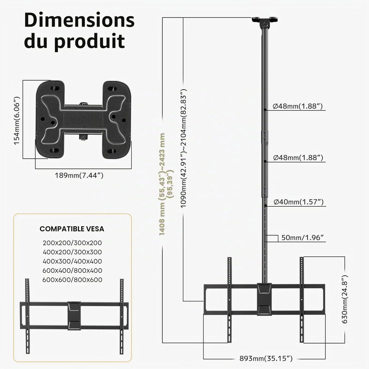 TV-Deckenhalterung für 50–100" Flach- & Curved-Fernseher, bis 80 kg 360° drehbar, neig- und schwenkbar, höhenverstellbar (1090–2100 mm), VESA 800x600, für OLED/4K-TVs, schwarz PUTORSEN
