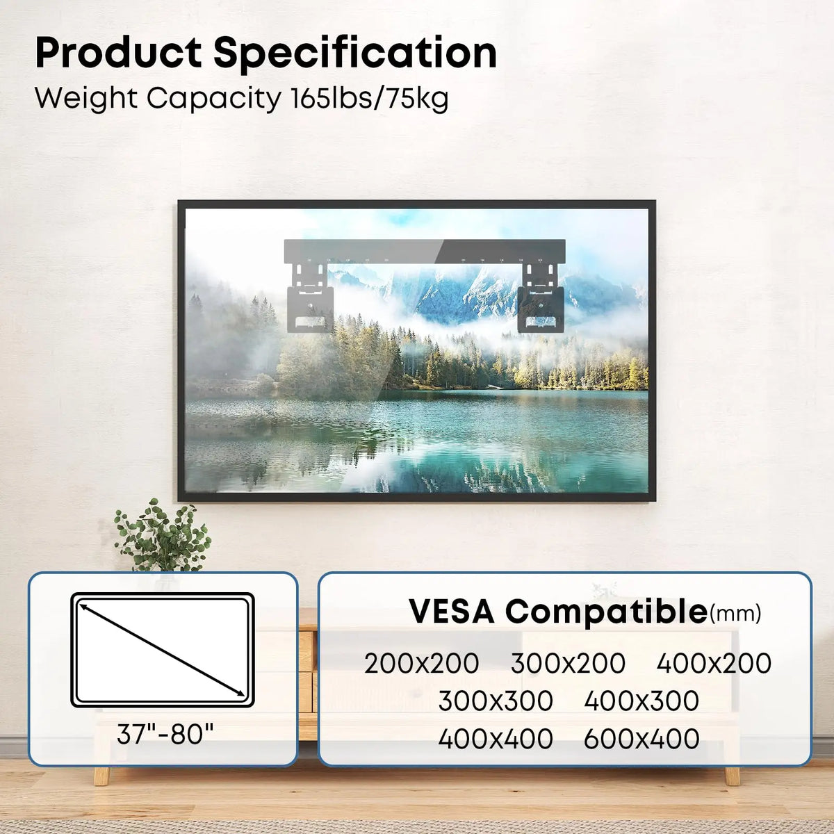 Ultra Slim TV-Wandhalterung für 37–80" Flachbildschirme, max. 75 kg, max. VESA 600x400 mm, 9,5 mm Wandabstand, passend für Samsung Frame TVs (2021–2023) PUTORSEN