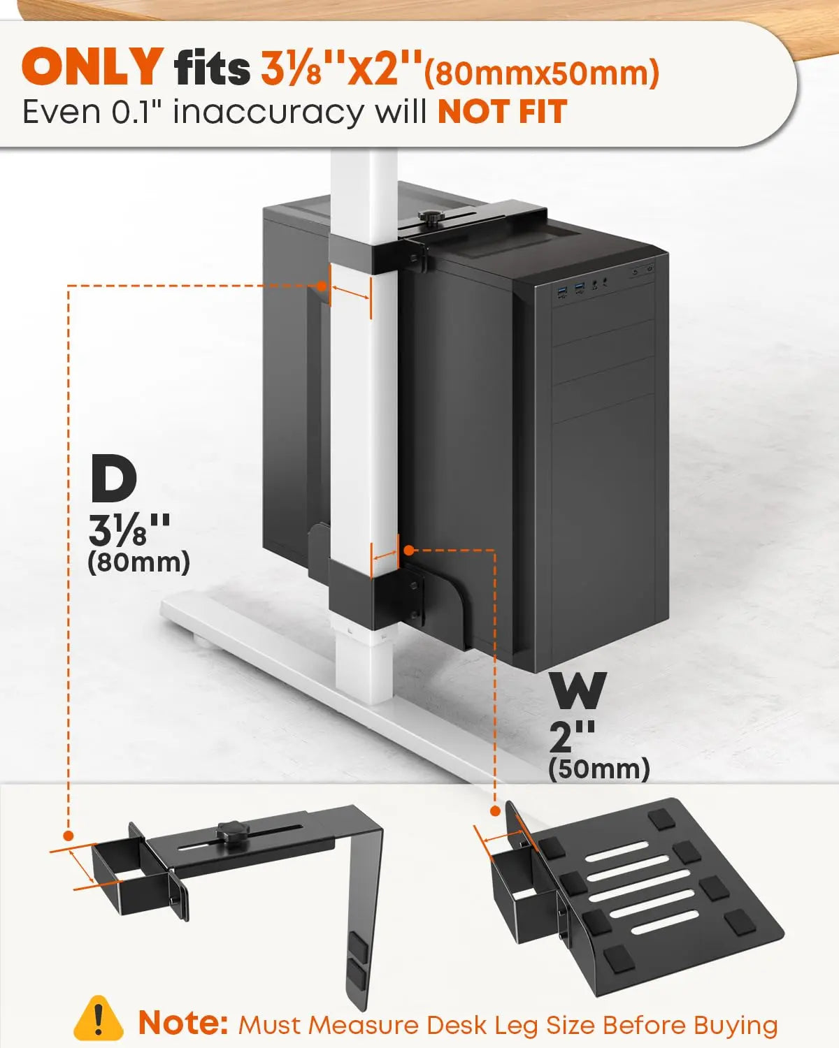 Under Desk PC Mount for Standing Desk, Clamp-On CPU Holder, Only Fits 80mm×50mm Desk Leg, No Drill Installation, Height Adjustable, Heavy Duty, Non-Slip Pads, Easy Setup, 44 lbs Max Load, Black PUTORSEN