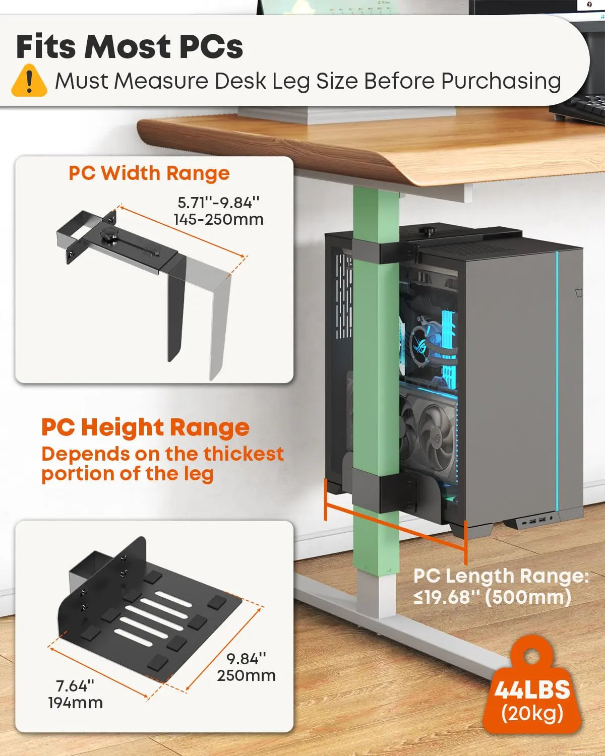 Under Desk PC Mount for Standing Desk, Clamp-On CPU Holder, Only Fits 80mm×50mm Desk Leg, No Drill Installation, Height Adjustable, Heavy Duty, Non-Slip Pads, Easy Setup, 44 lbs Max Load, Black PUTORSEN