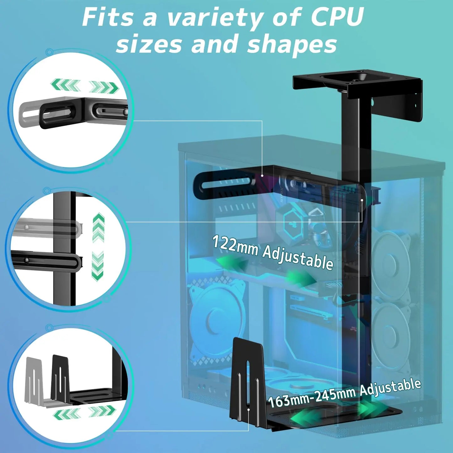 Under Desk PC Stand – Adjustable in Height and Width, 360° Rotation, Up to 30 kg, for PC Towers, Black PUTORSEN