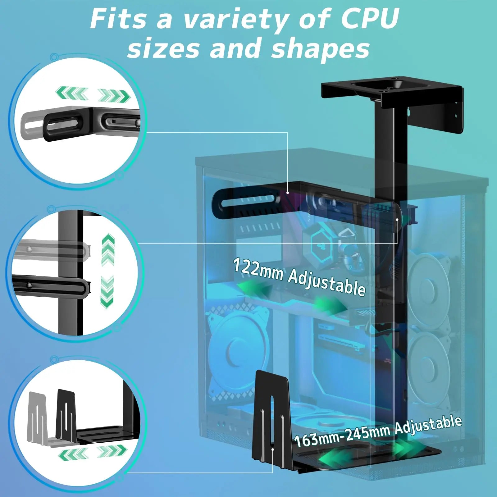 Under Desk PC Stand – Adjustable in Height and Width, 360° Rotation, Up to 30 kg, for PC Towers, Black PUTORSEN