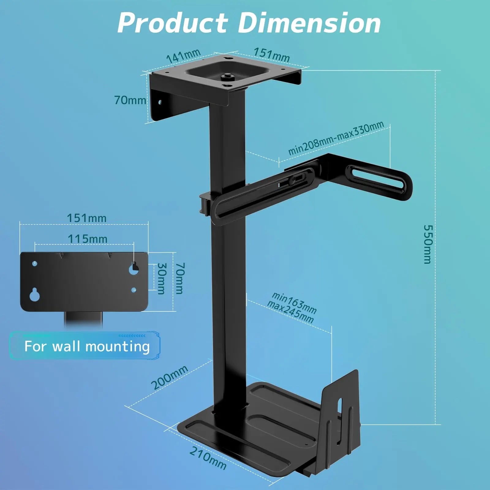 Under Desk PC Stand – Adjustable in Height and Width, 360° Rotation, Up to 30 kg, for PC Towers, Black PUTORSEN