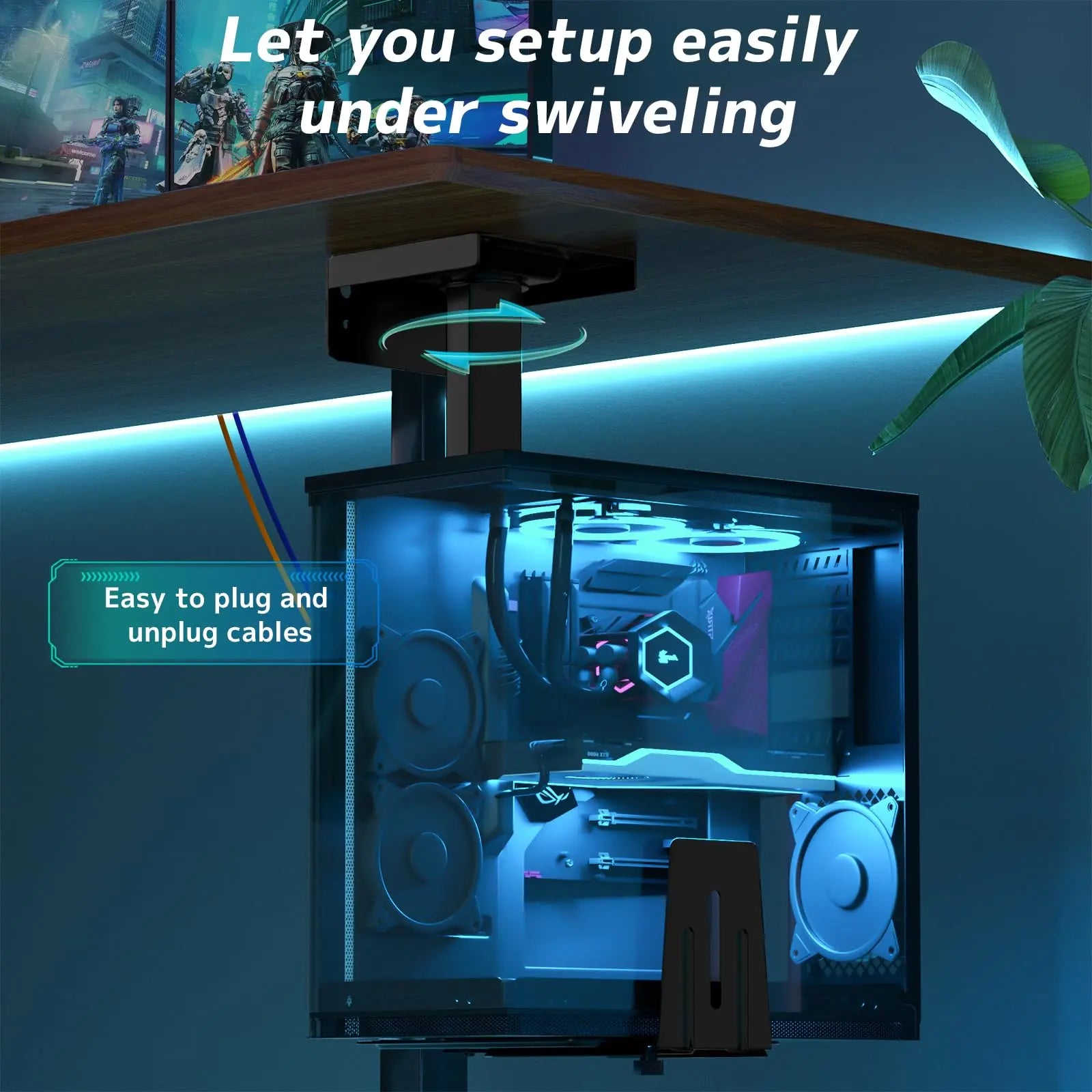 Under Desk PC Stand – Adjustable in Height and Width, 360° Rotation, Up to 30 kg, for PC Towers, Black PUTORSEN